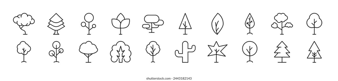 Collection of thin vector images of deciduous and conifers. Editable stroke. Simple line icon for web sites, newspapers, articles book 