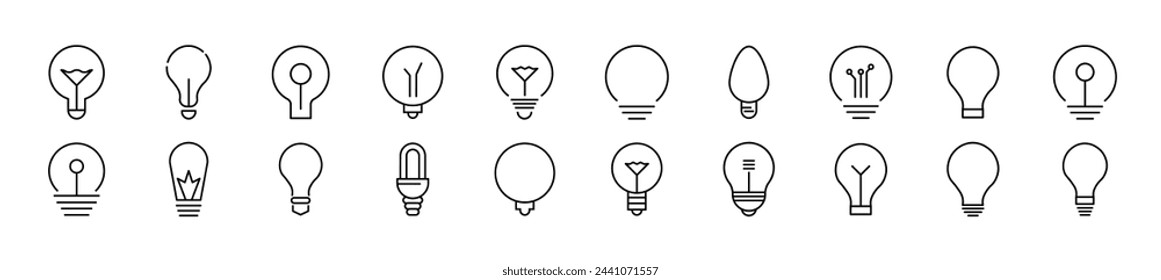 Collection of thin vector images of light bulbs. Editable stroke. Simple line icon for web sites, newspapers, articles book 