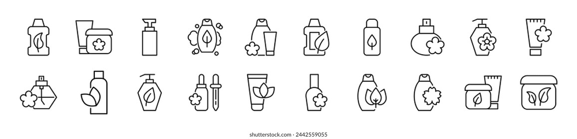 Collection of thin vector images of various cosmetic bottles. Editable stroke. Simple line icon for web sites, newspapers, articles book 