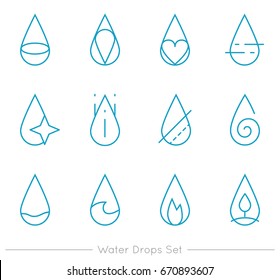 Collection of thin water drop icons. Logo template set.