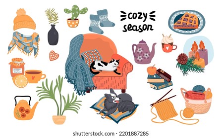 Collection of things that create a cozy atmosphere in the house.Armchair with a blanket, cat, dog, kettle, cup, warm clothes, cake, candles,books.Vector flat style clipart for design card,poster.