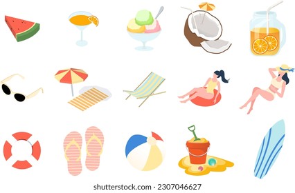 Collection of things for vacation at the beach. Leisure during Summer. Isometric accessories and outdoor activity beach items are Isolated on white background. Cute illustration in Flat Style Design.