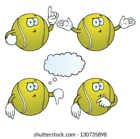 Collection of thinking tennis balls with various gestures.