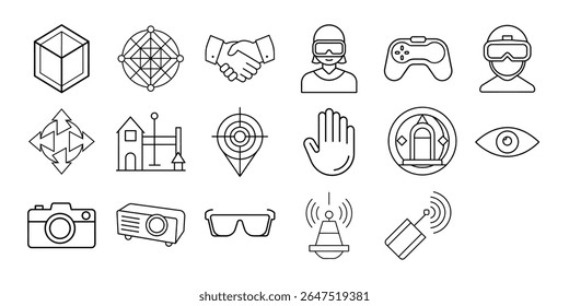 Uma coleção de ícones de linha fina que retratam vários conceitos como realidade virtual, jogos, rede e comunicação. Este conjunto inclui um cubo, handshake, fone de ouvido VR, controlador de jogo e mais, tudo 