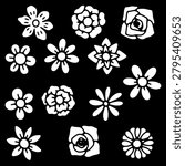 Collection of thirteen black and white retro flower doodle elements featuring simple hand drawn sketchy botanical illustrations for vintage print pattern graphic design collection clip art.