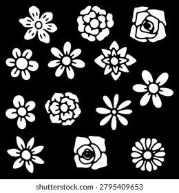 Collection of thirteen black and white retro flower doodle elements featuring simple hand drawn sketchy botanical illustrations for vintage print pattern graphic design collection clip art.