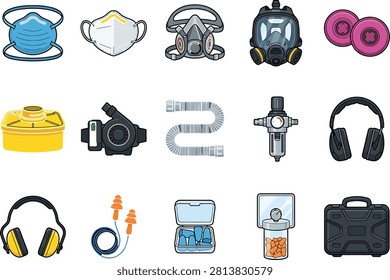 A collection of thirteen flat colored icons representing breathing and hearing protection equipment used in industrial settings. The set includes a surgical mask, N95 respirator, half face respirator, full face gas mask, filter cartridge, ear muffs, hooded breathing apparatus, air hose, blower unit, headphone style protector, ear plugs, carrying case, and a storage toolbox. Perfect for safety equipment branding, industrial catalogs, mobile apps, and projects related to respiratory and hearing protection.