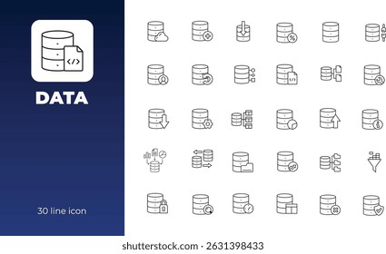 A collection of thirty clean and modern line icons representing various database and data management operations, perfect for websites, apps, or presentations related to data technology.
