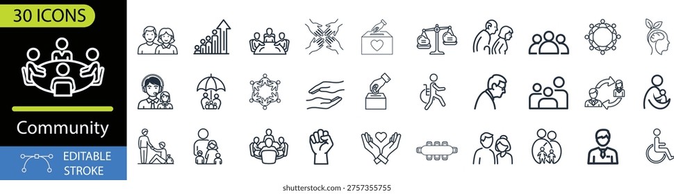 Collection of thirty community and social interaction icons with editable stroke feature