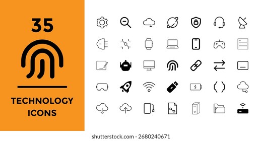 Collection of Thirty Five Black Technology Icons on a  White Background