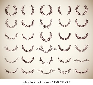 Collection of thirty round vintage laurel wreaths. Can be used as design elements in heraldry on an award certificate, manuscript and to symbolise victory illustration in silhouette