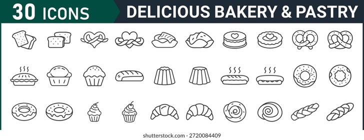 Collection of thirty simple black and white icons representing bakery and pastry items including baked goods and kitchen utensils, ideal for use in menus, culinary websites, and related graphic designs.