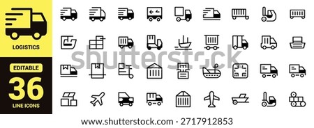 A collection of thirty six logistics and transportation vehicle line icons in a grid format