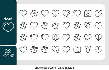 Collection of thirty two heart icons in outline style for medical and love related design projects