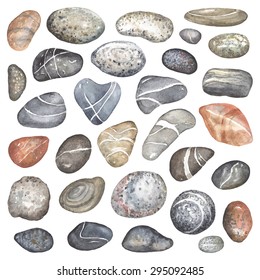 Collection of thirty watercolor stones, vector illustration.
