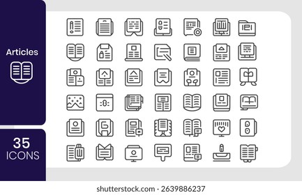 Collection of thirty-five outline icons representing articles and documents for various applications