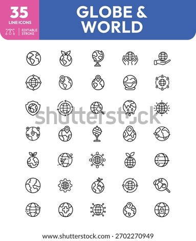 A collection of thirty-five unique globe and world icons in a line art style, featuring editable strokes for customization.