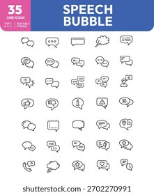 Una colección de treinta y cinco íconos únicos de la burbuja del habla, cada uno representando diferentes formas de comunicación, Comentarios y marcadores de ubicación.