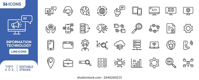 A collection of thirty-six line icons depicting various aspects of information technology, including communication, security, data management, and online ser...