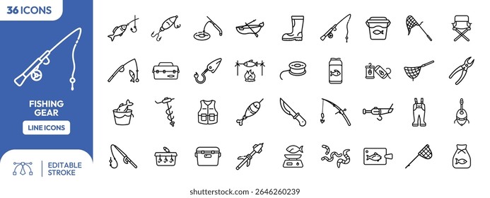 A collection of thirty-six line icons depicting various fishing gear and equipment.  The icons are neatly arranged in rows, offering a visual guide to fishin...