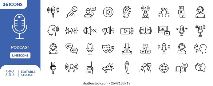 A collection of thirty-six podcast-related line icons, including microphones, communication symbols, and audio-visual elements.  The icons are neatly arrange...