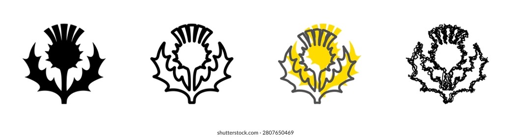 A collection of thistle icons in various artistic styles, symbolizing national pride and strength