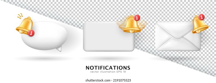 Collection of three 3d icons - cartoon paper envelope (letter), blank rectangle with place for text and speech bubble (chat cloud) with red notification buttons. New message concept