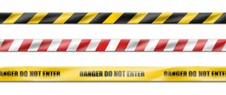 Collection Of Three 3d Realistic Vector Hazard White And Red Striped Ribbon, Caution Tape Of Warning Signs For Crime Scene Or Construction Area In Yellow.  Isolated On White Background.