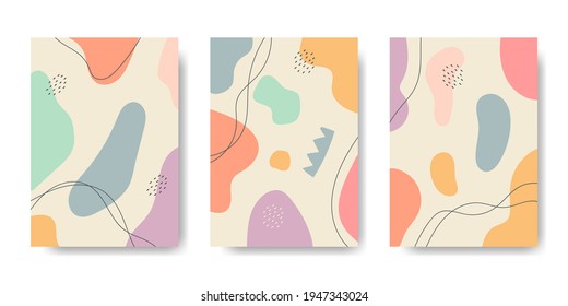 Una colección de tres antecedentes abstractos. Dibujar a mano varias formas y objetos de garabatos. Ilustración vectorial contemporánea moderna de moda. Cada fondo está aislado. Color del pastel