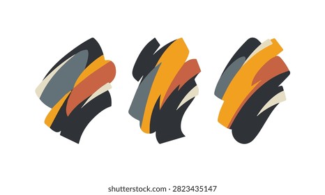 A collection of three abstract brushstroke designs, each showcasing a dynamic interplay of black, orange, and gray hues, creating a modern artistic impression.