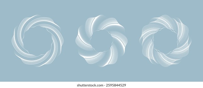 A collection of three abstract circular halftone patterns featuring geometric swirling in light pestle color. Vector illustration of halftone dot circles.
