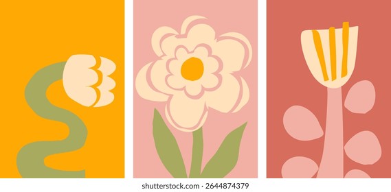 A collection of three abstract modern art illustrations of cutout flowers, minimalist design, pastel colors home decor vector posters
