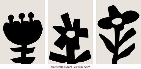 A collection of three abstract modern art illustrations of cutout flowers, minimalist monochrome design, black and white colors, home decor vector posters