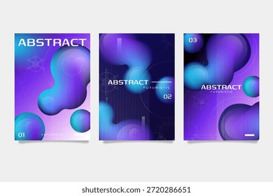 A collection of three abstract posters featuring liquid organic shapes, blue and purple neon gradients, and futuristic geometric line art elements.