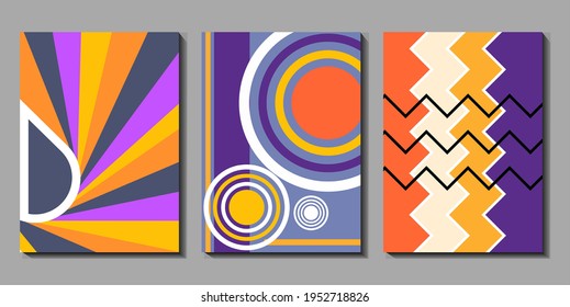 A collection of three abstract retro styles covering a background, with an arrangement of geometric shapes. With the right color composition, for Covers, Posters, Card Designs, 
