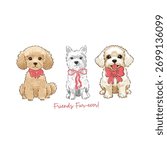 Collection of three adorable dogs with pink bows vector illustration perfect for friendship concept. Featuring poodle, westie and puppy, ideal for animal and pet designs.