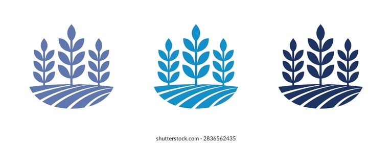 A collection of three agricultural logos featuring wheat stalks growing from a curved field in various blue and violet color palettes
