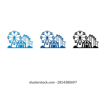A collection of three amusement park silhouettes in blue and black showing a ferris wheel roller coaster and circus tent for entertainment design