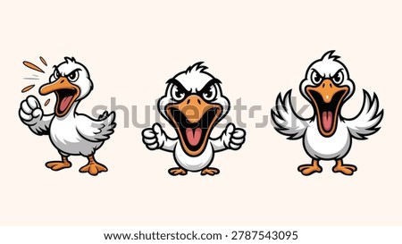 Collection of three angry duck cartoon characters with aggressive expressions, shouting, and fists clenched, white background.