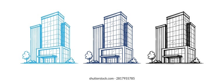 A collection of three architectural sketches showing a contemporary skyscraper office building with glass windows and entrance in blue and black line art styles.
