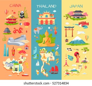 Collection Of Three Asian Countries. China. Thailand. Japan. Specific Features Of Each Country. Panda, Long Wall, Dragon, Statues. Elephant, Modern Building, Buddha, Ship. Mountain, Sushi. Vector