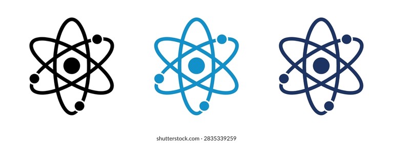 A collection of three atomic structure symbols with central nuclei and orbiting electrons shown in black light blue and dark blue colors