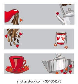 A collection of three banners. Decorated cups, tea, beverage jet and hearts. Hand drawing doodles. Background gray.