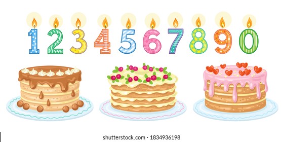 Collection of three beautiful birthday cakes and ten holiday anniversary candles. All numbers. In cartoon style. Isolated on white background. Vector  illustration.