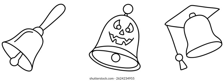A collection of three bell illustrations featuring traditional bell, spooky Halloween bell with face, and graduation bell