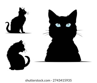 A collection of three black cat silhouettes, one large frontal view with piercing blue eyes and two smaller side profiles, showcasing feline grace.