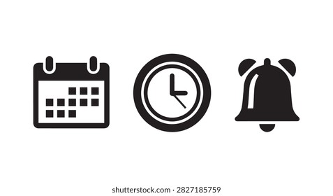 A collection of three black icons representing a calendar, a clock, and an alarm bell, ideal for themes related to time, scheduling, and reminders.
