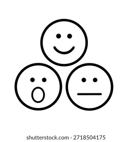 Colección de tres caras circulares delineadas de color negro que representan diversos estados emocionales como la sorpresa positiva y las reacciones neutrales. El conjunto de íconos transmite niveles de Comentarios Clientes o métricas de experiencia del usuario que muestran claramente los diferentes niveles de participación en una escala estandarizada simple.