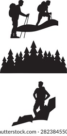A collection of three black silhouette graphics on a white background. The top graphic shows two hikers with backpacks and trekking poles on a sloped terrain. The middle graphic displays a dense row of pine trees. The bottom graphic features a lone hiker with a backpack standing with hands on hips on a rocky outcrop.