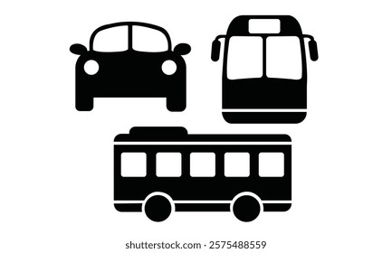 A collection of three black silhouette icons representing different transportation vehicles: a car, a bus, and a train. Perfect for use in design projects, infographics, apps, or presentations related